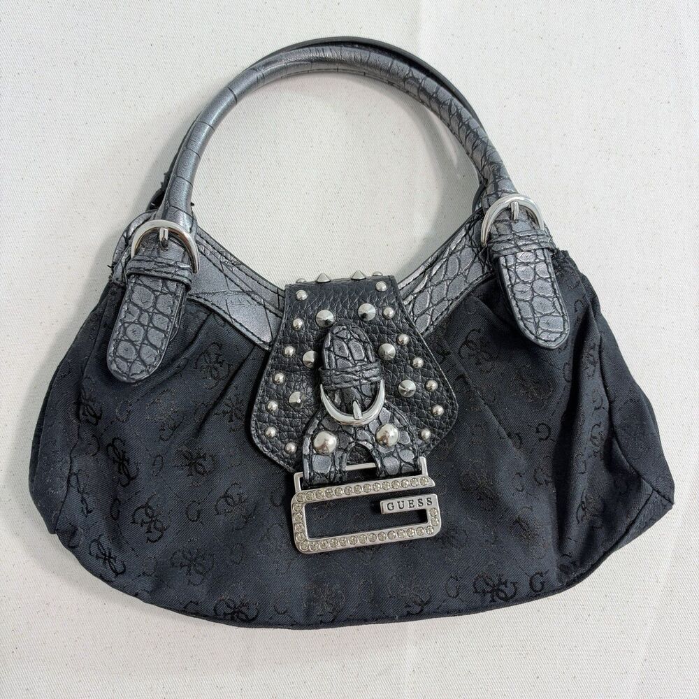 Vintage GUESS Black Logo Jacquard Mini Handbag Rhinestone Studded Y2K Purse